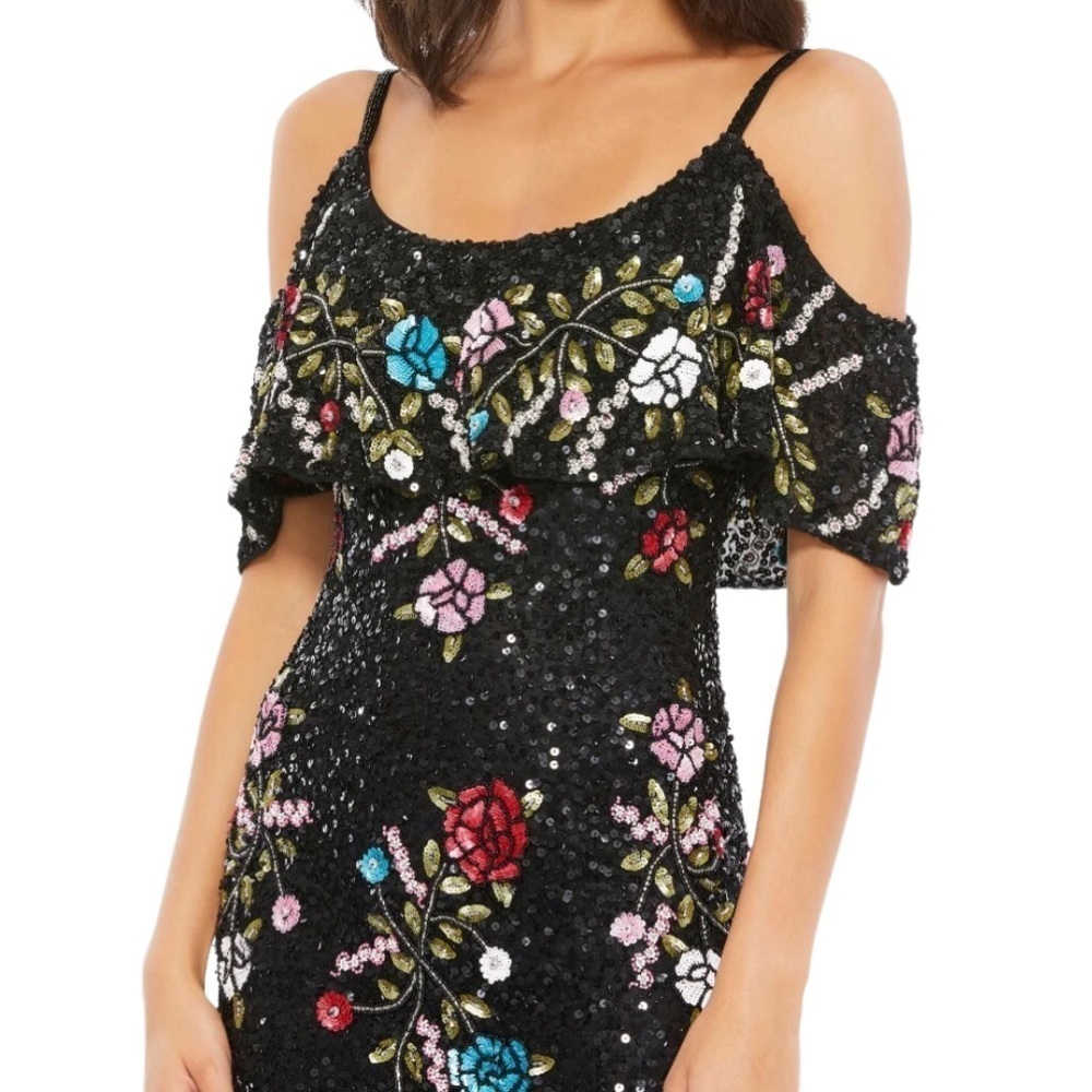 Mac Duggal Cold Shoulder Sequin Floral Gown Dress Black Size 2 Formal Black Tie - Picture 3 of 13
